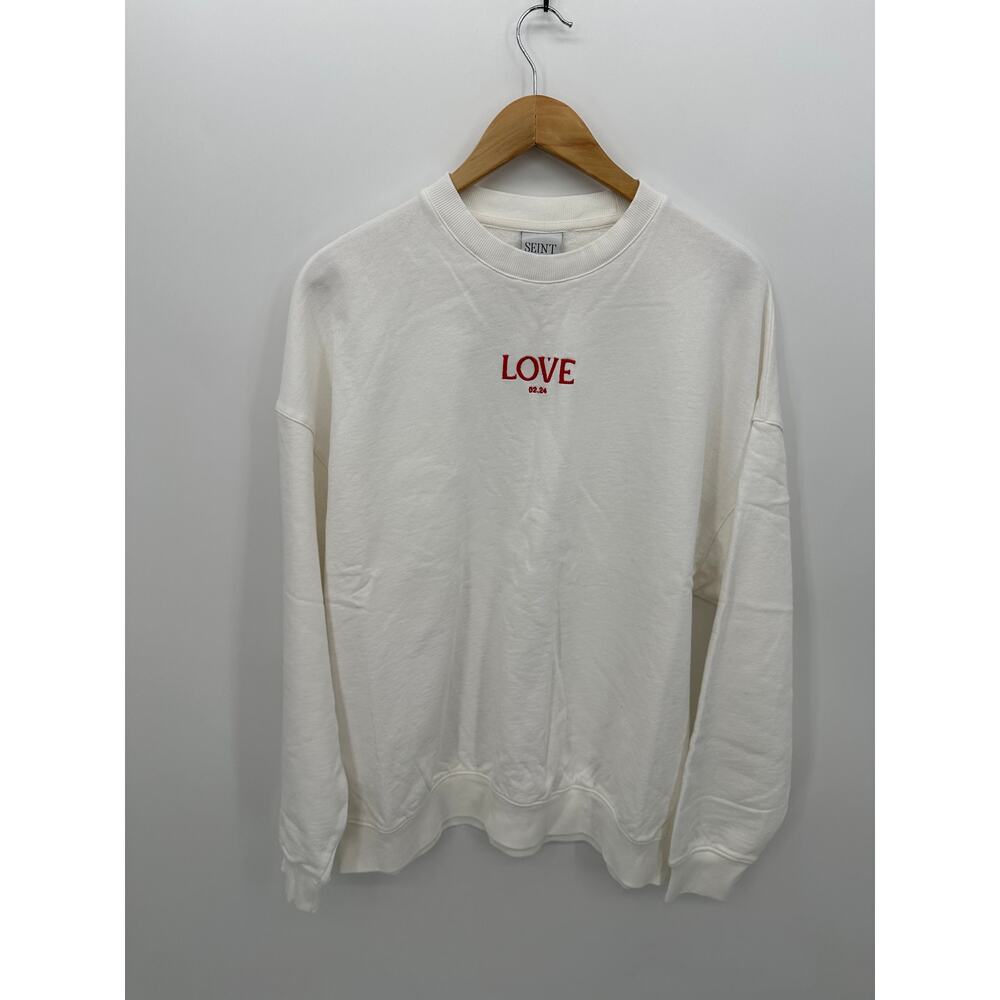 SEINT Love Embroidered Sweatshirt Womens Sz S White Crewneck Pullover‎ Cotton